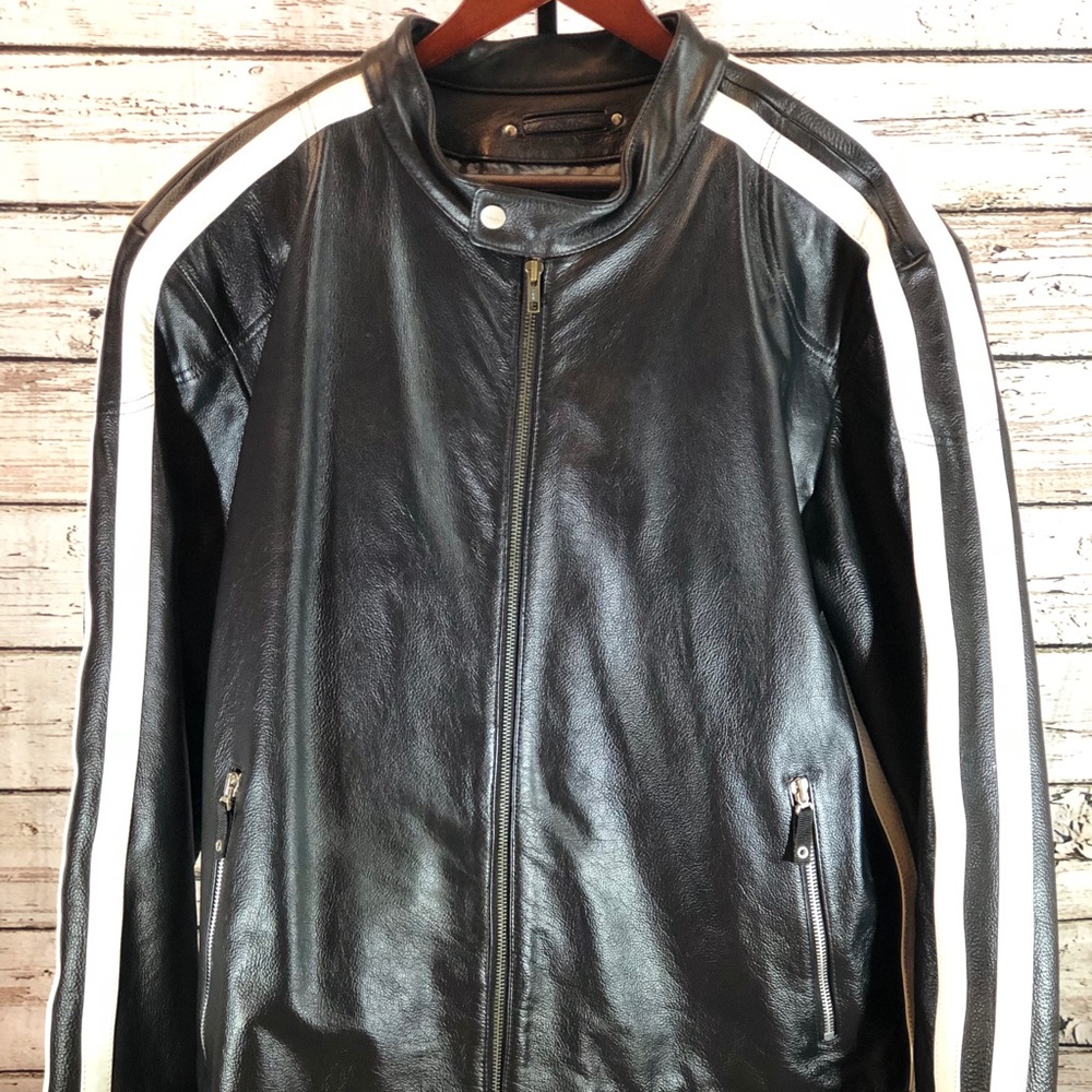 Men’s Black Moto Jacket with White Stripes on Arms